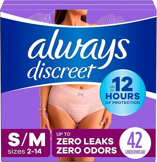 Always Discreet, Incontinence & Postpartum Underwear For Women, Maximum Protection, Small/Medium, 42 Count