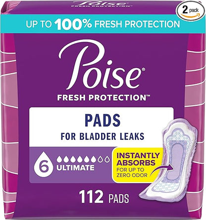 Poise Incontinence & Postpartum Pads for Bladder Leaks, 6 Drop Ultimate Absorbency, Regular Length
