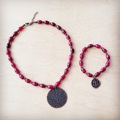 Natural Pink Jade Beaded Collar Necklace w/ Scroll Pendant 261L