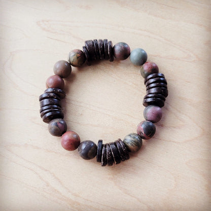 Genuine Picasso Jasper and Wood Stretch Bracelet 810p