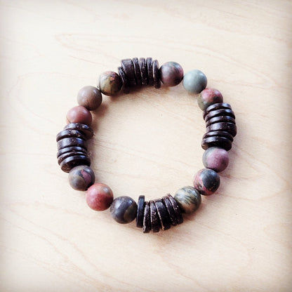 Genuine Picasso Jasper and Wood Stretch Bracelet 810p