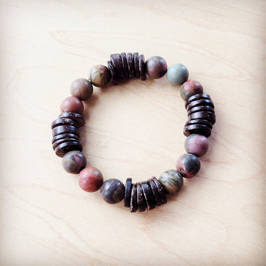 Genuine Picasso Jasper and Wood Stretch Bracelet 810p