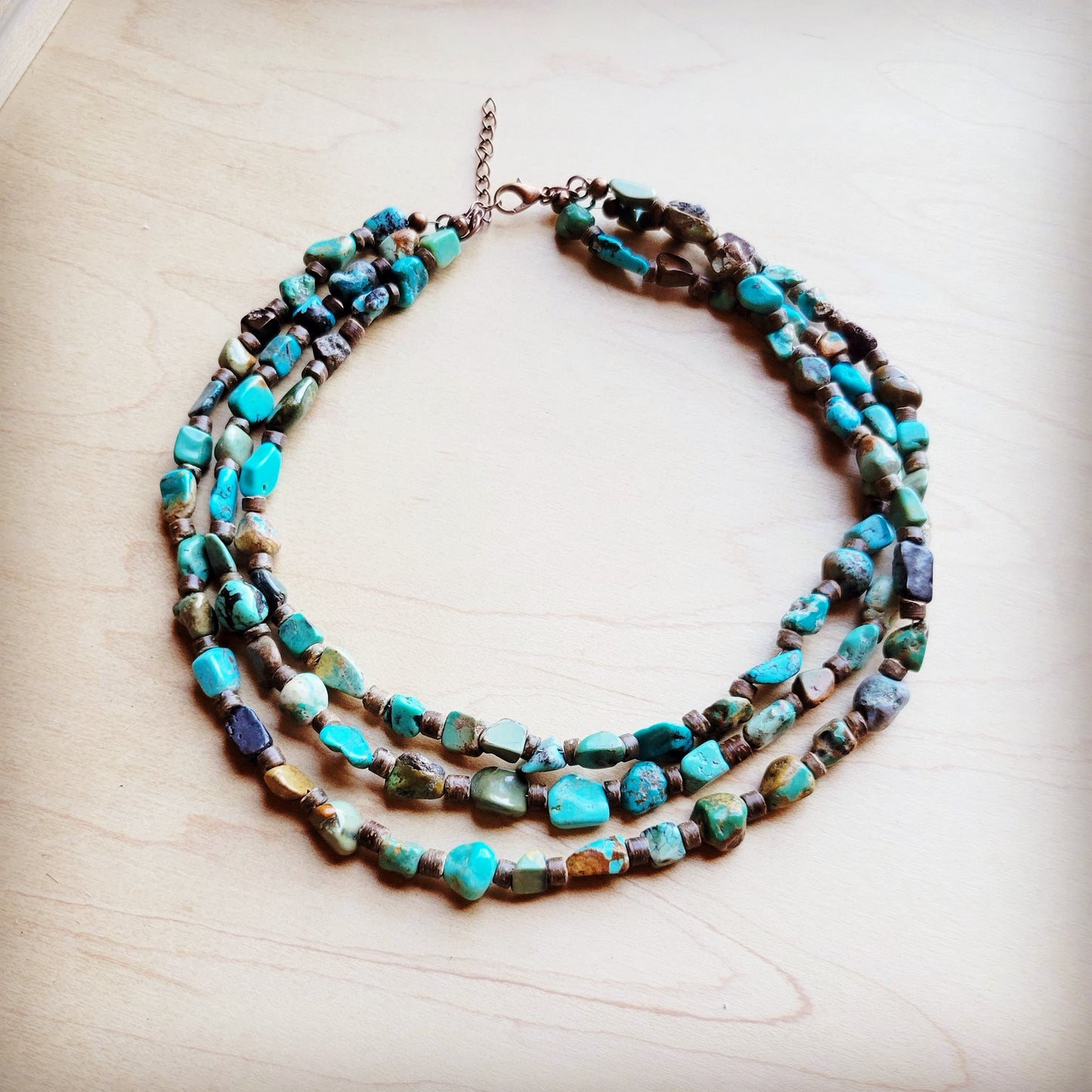 Genuine HuBei Turquoise & Wood Triple Strand Necklace 259s