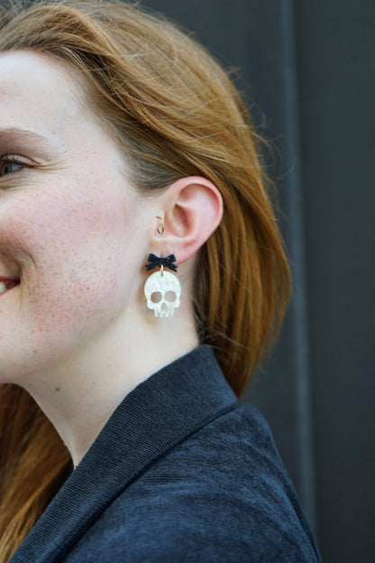 Bow Skeleton Earrings - White Shimmer