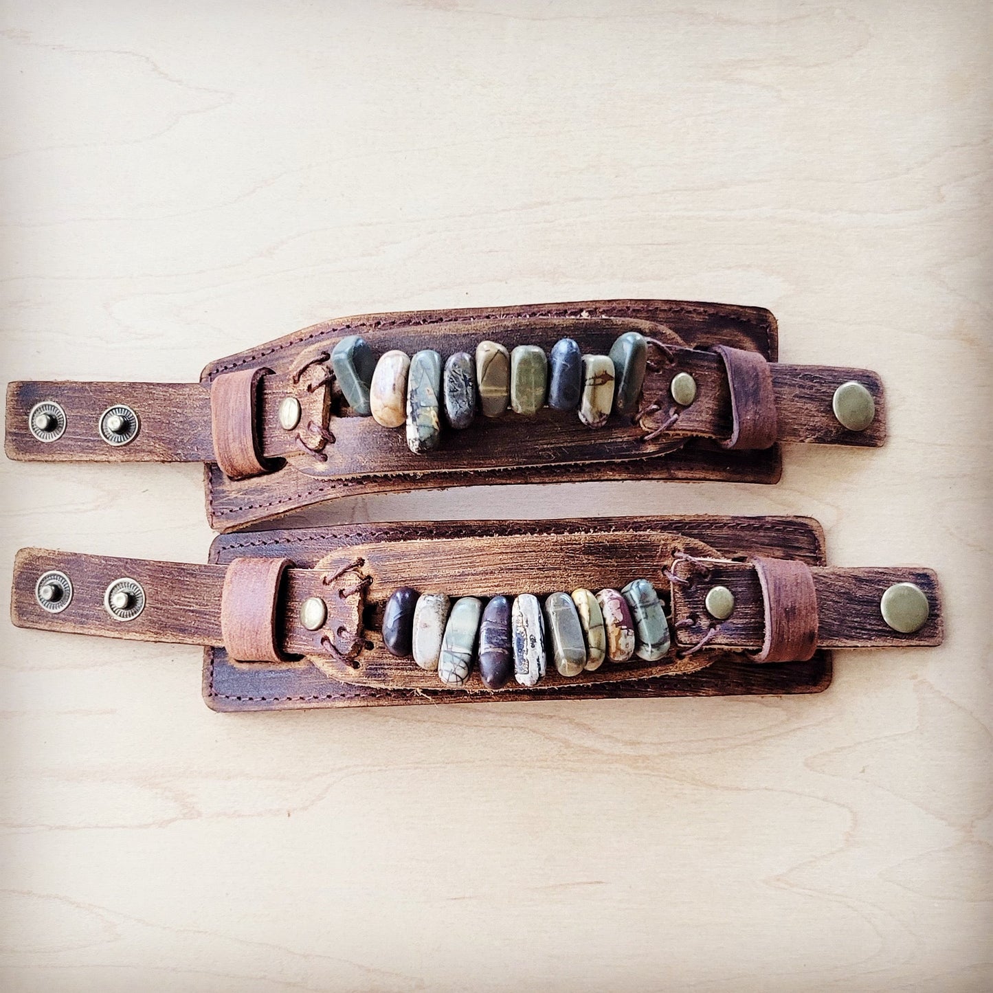 Genuine Leather Cuff with Picasso Jasper Gemstone Chunks 005c