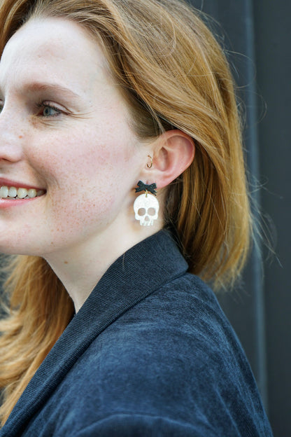 Bow Skeleton Earrings - White Shimmer