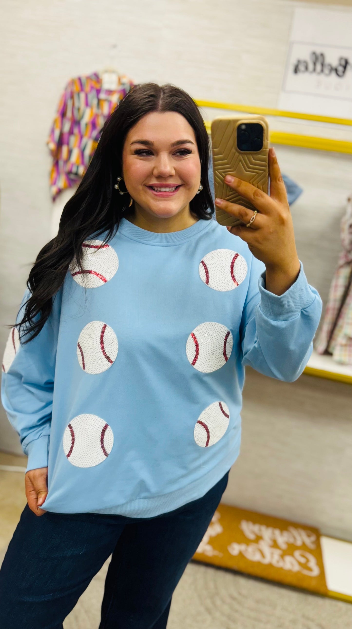 Denim Sequin Baseball Patches Pullover