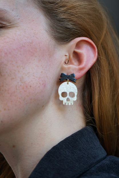 Bow Skeleton Earrings - White Shimmer