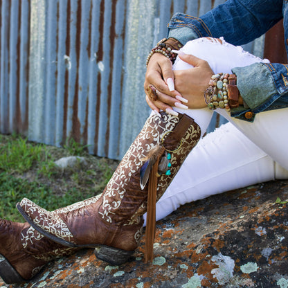 Boho Western Boot Bling Charm with Leather Fringe 500a