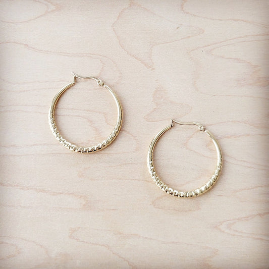 Medium Stainless Steel Engraved Hoop Earrings 14K Gold Plating 200d