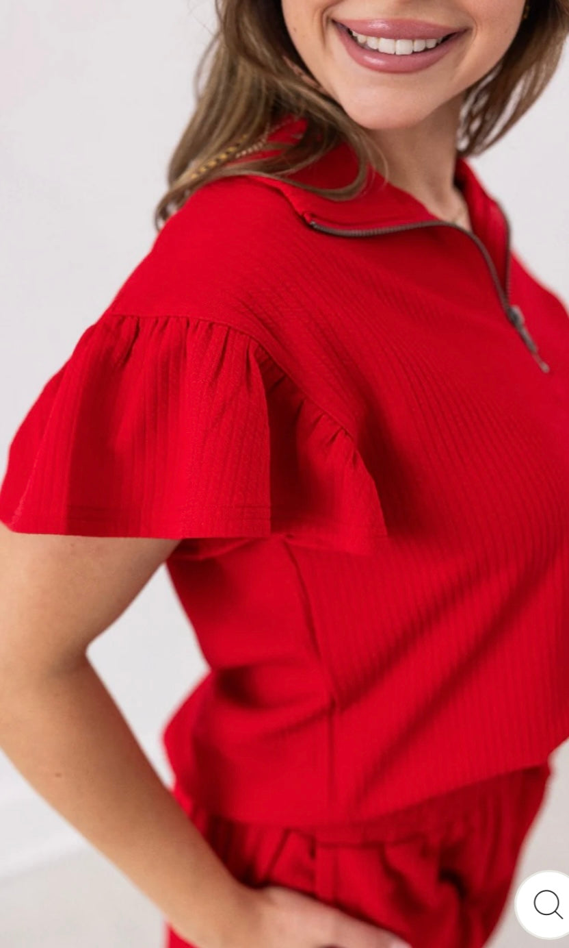 Red Knit Flutter Sleeve Top