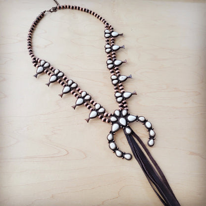 White Turquoise Squash Blossom Necklace w/ Dark Brown Tassel 261z