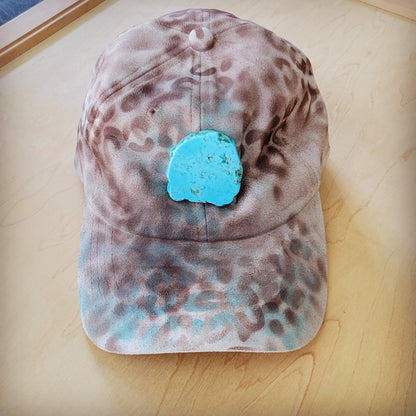Hand-Painted Leopard Suede Baseball Cap w/ Turquoise-Ivory 986m
