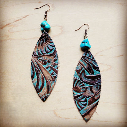 **Leather Oval Earrings in Brown Floral w/ Turquoise Accent 206r