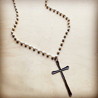 White Turquoise Long Beaded Necklace with Antique Copper Cross 255s