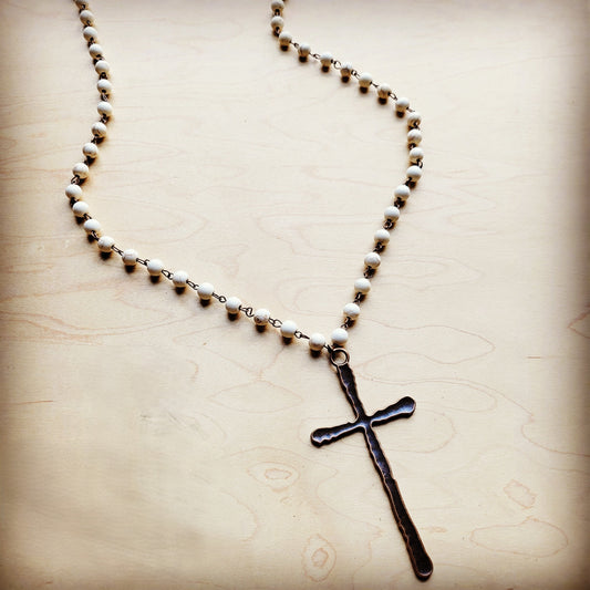 White Turquoise Long Beaded Necklace with Antique Copper Cross 255s