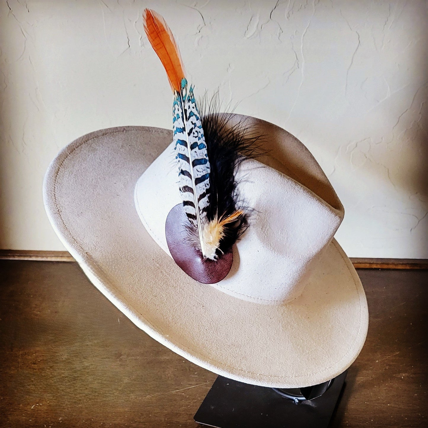 Boho Western Hat w/ Feather Tie Hat Band-Bone 982m