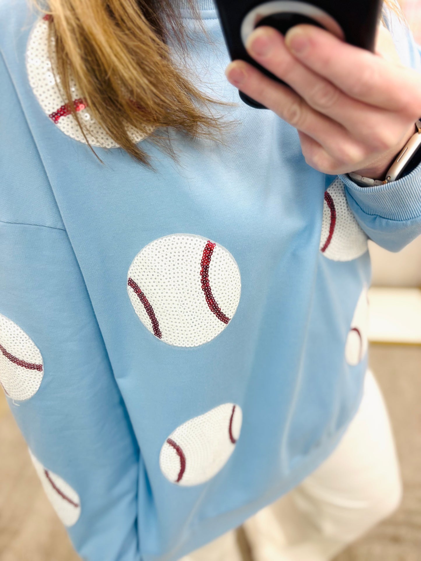 Denim Sequin Baseball Patches Pullover