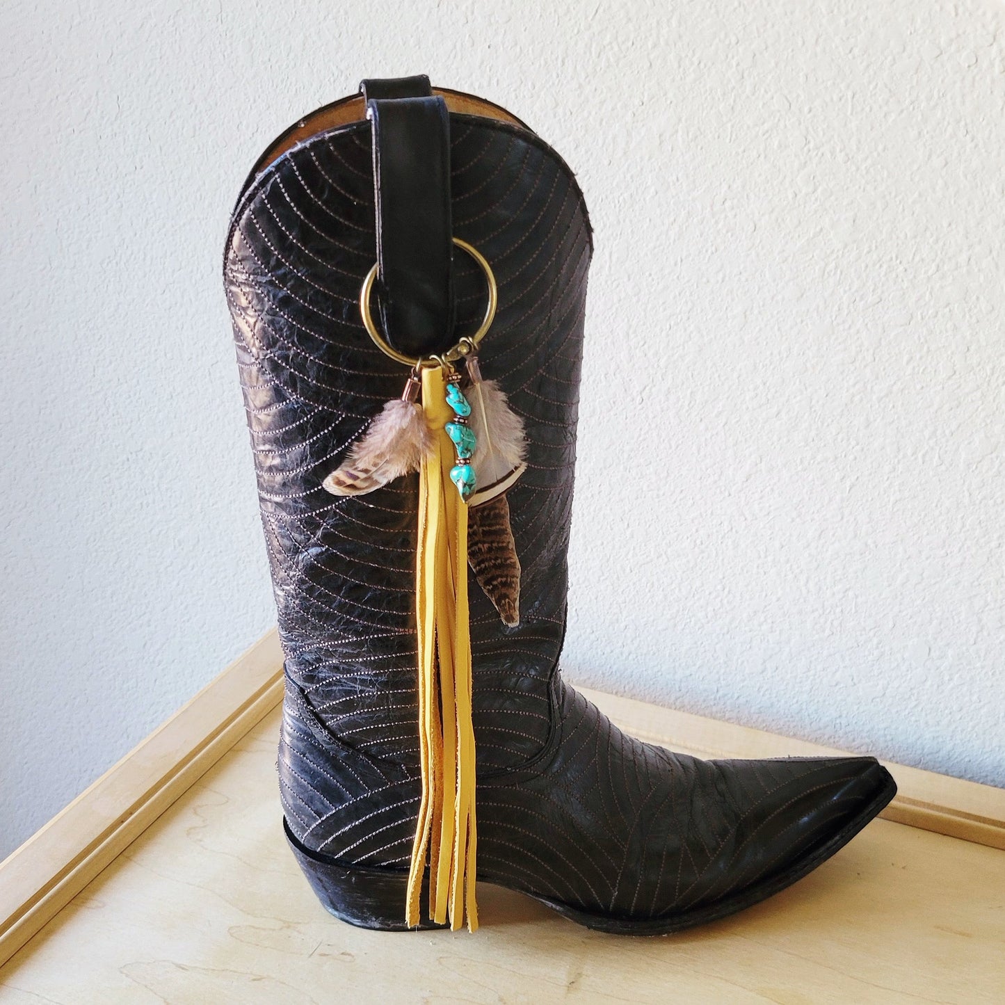 Boho Western Boot Bling Charm with Leather Fringe 500c