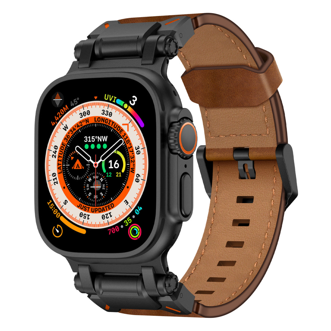 Leather Tactical Band for Apple Watch Ultra – 26mm Wide, Mecha-Style Connectors, Adventure-Ready