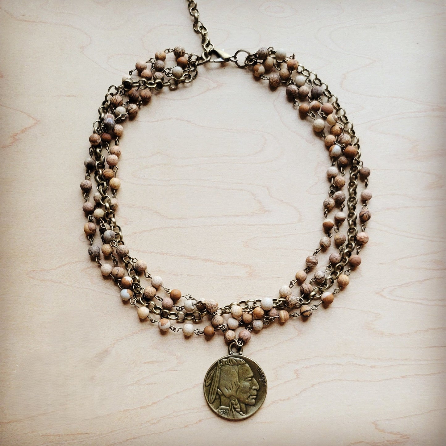 Picture Jasper Collar Necklace w/ Indian Buffalo Coin 259b