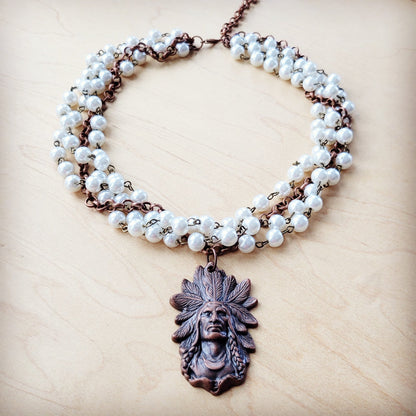 Pearl and Copper Beaded Collar Necklace w/ Indian Pendant 260q