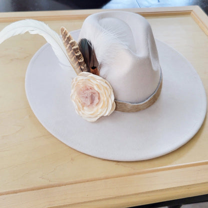 Leather Hat Band w/ Silk Flower & Feathers-Ivory (Band Only) 952s
