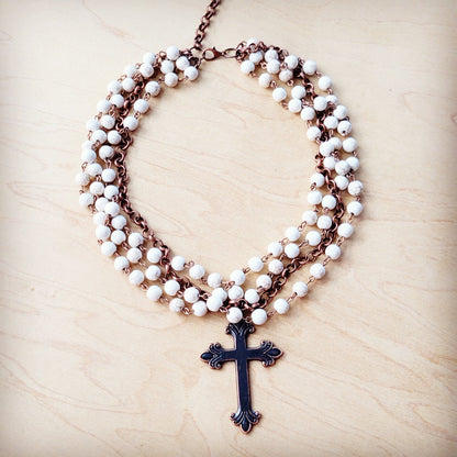 White Turquoise Beaded Collar Necklace w/ Cross Pendant 260z