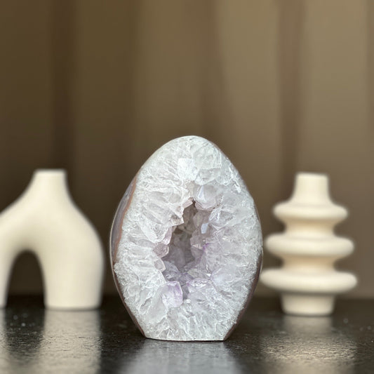 Quarzt Crystal Egg, Natural color crystal, decorative collectors unique piece with agate