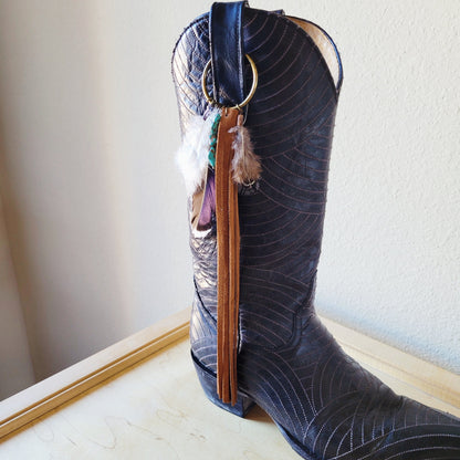 Boho Western Boot Bling Charm with Leather Fringe 500a