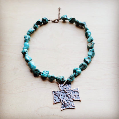 Chunky Blue Green Turquoise Collar Necklace w/ Cross Pendant 259u