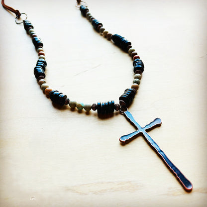 Aqua Terra Wood Necklace with Copper Cross 237d