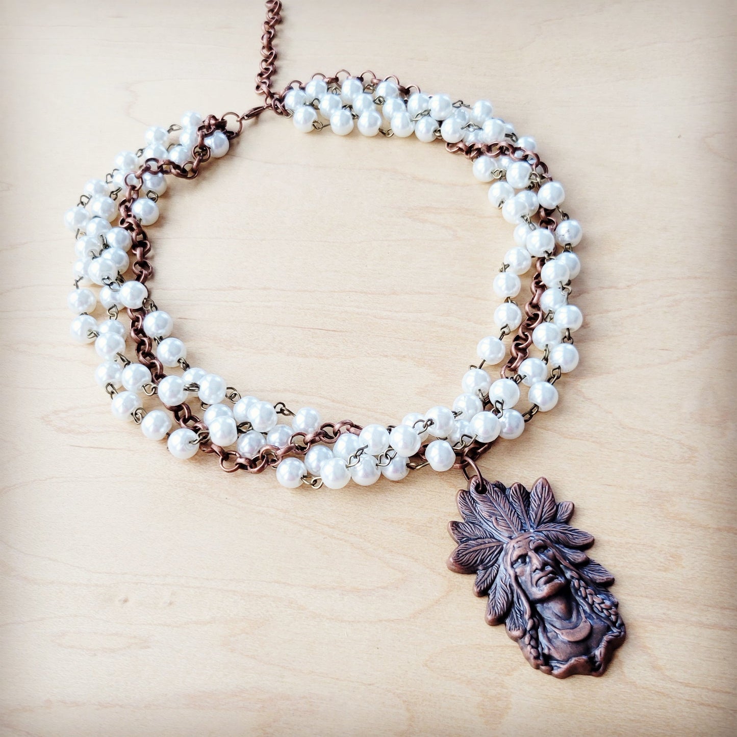 Pearl and Copper Beaded Collar Necklace w/ Indian Pendant 260q