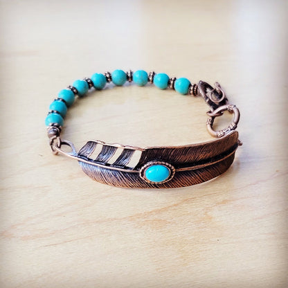 Round Blue Turquoise Beaded Bracelet on Copper Feather 810t
