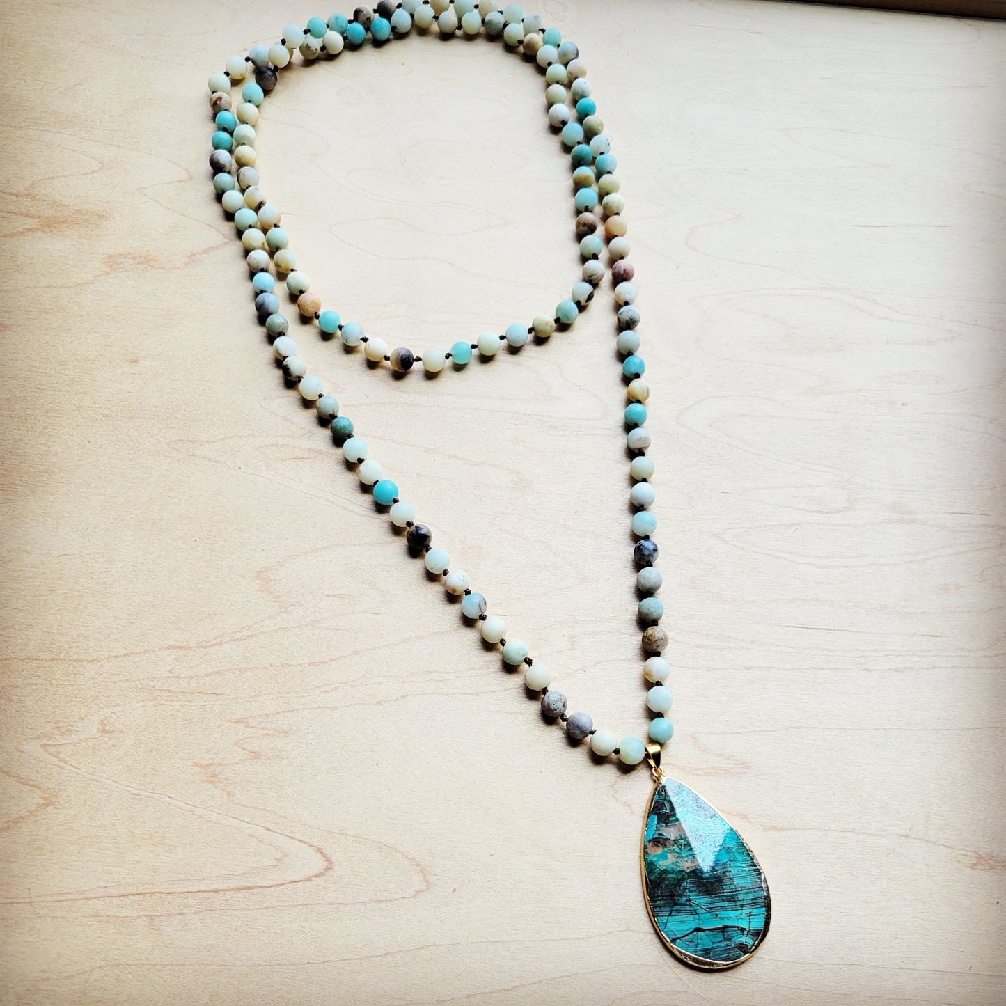 Frosted Amazonite Long Beaded Necklace with Agate Pendant 260o