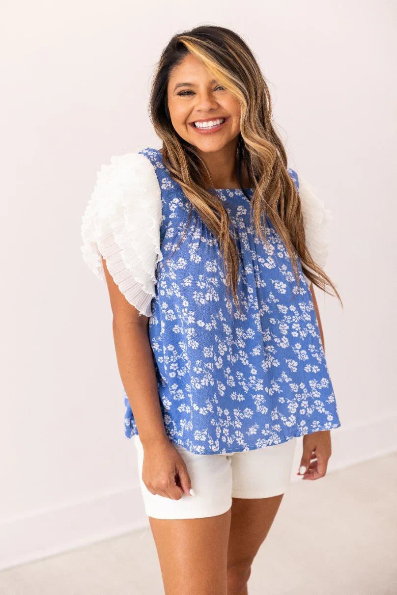 Blue Floral Ruffle Sleeve