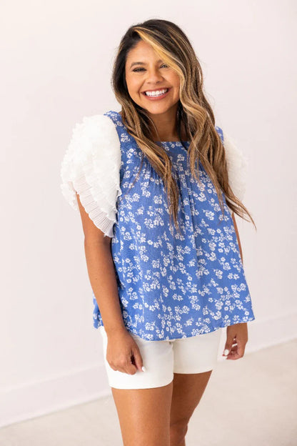 Blue Floral Ruffle Sleeve