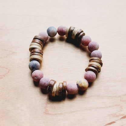 **Frosted Marble Jasper and Wood Stretch Bracelet (808z)