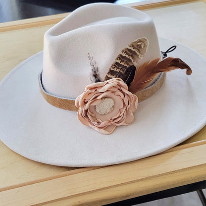 Leather Hat Band w/ Silk Flower & Feathers-Blush (Band Only) 953a