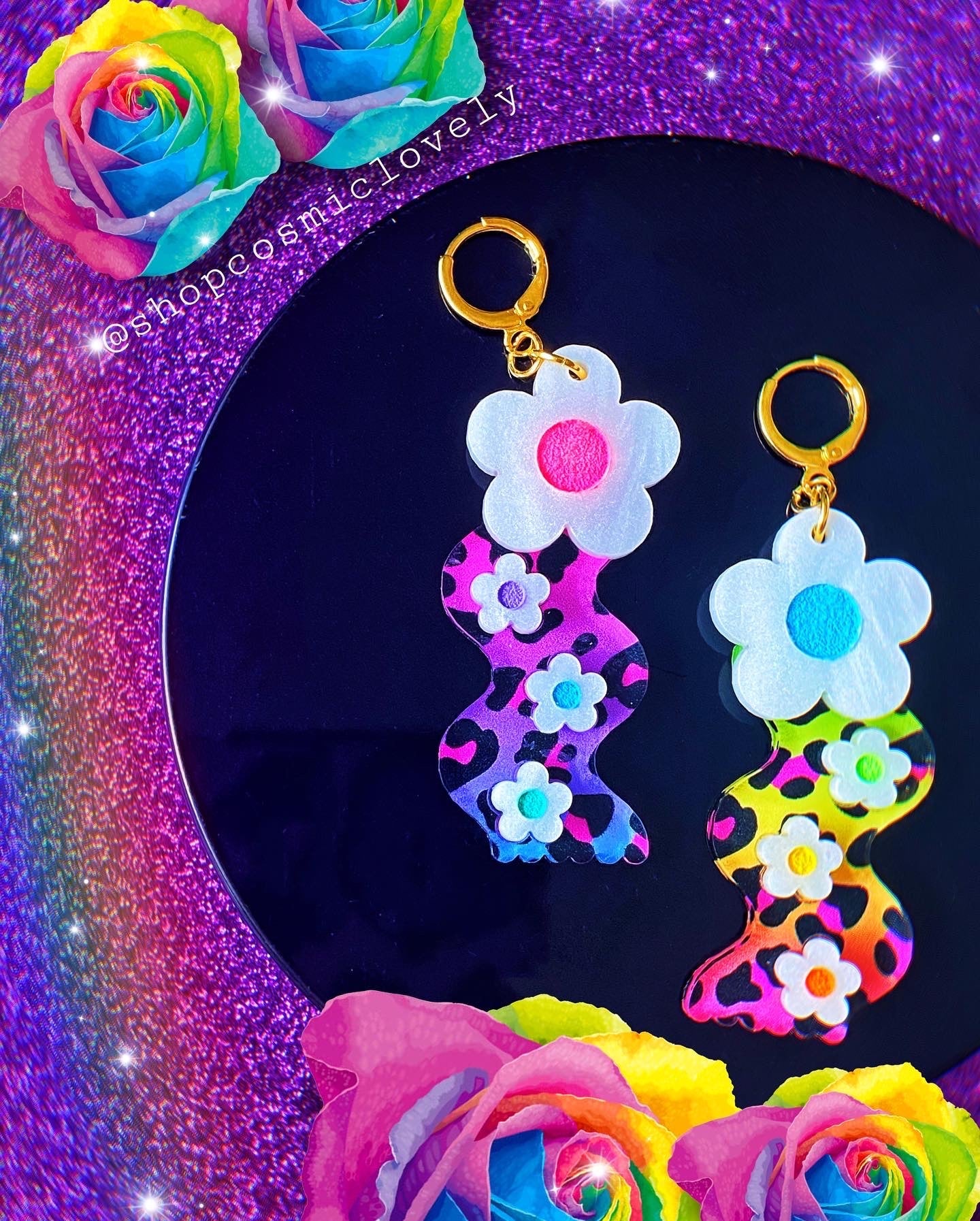 Rainbow Leopard Wavy Daisy Earrings
