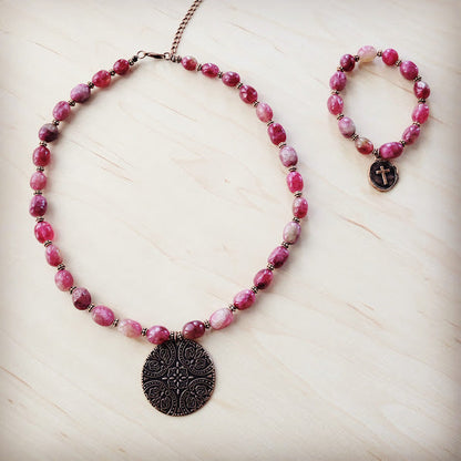 Natural Pink Jade Beaded Collar Necklace w/ Scroll Pendant 261L