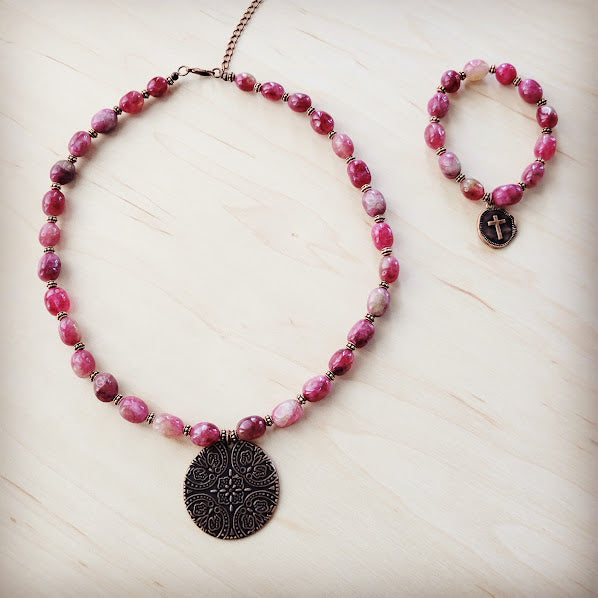 **Natural Pink Jade Beaded Bracelet w Scroll Charm Accent 810x