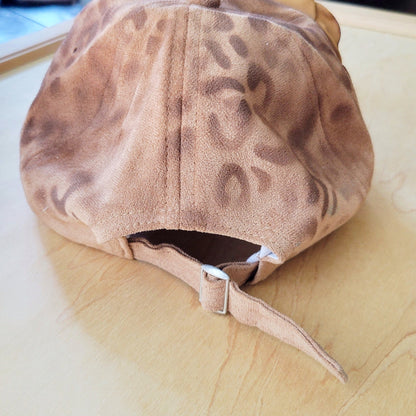 Hand-Painted Leopard Suede Baseball Cap w/ Flowers Tan 986L