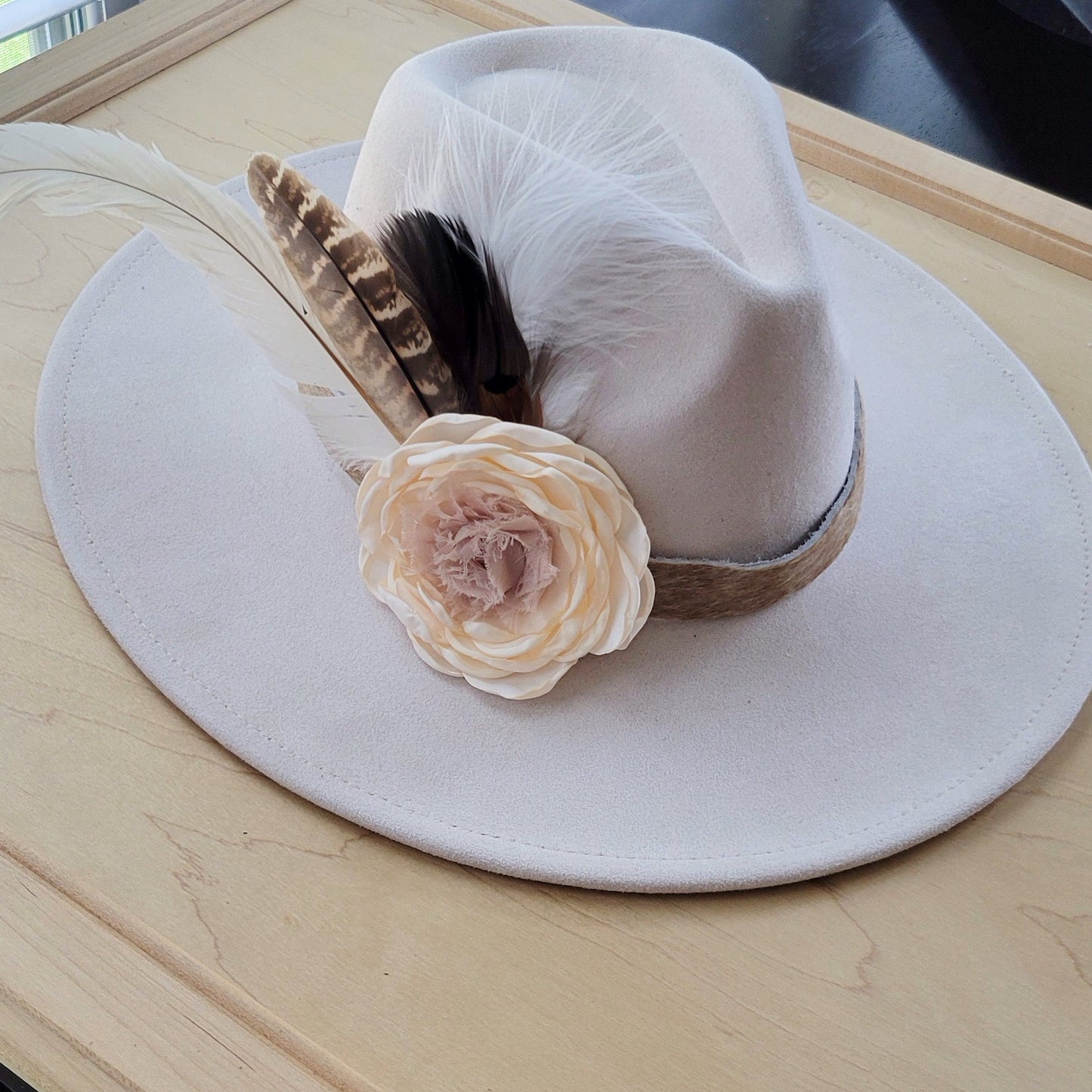 Leather Hat Band w/ Silk Flower & Feathers-Ivory (Band Only) 952s