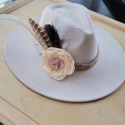 Leather Hat Band w/ Silk Flower & Feathers-Ivory (Band Only) 952s