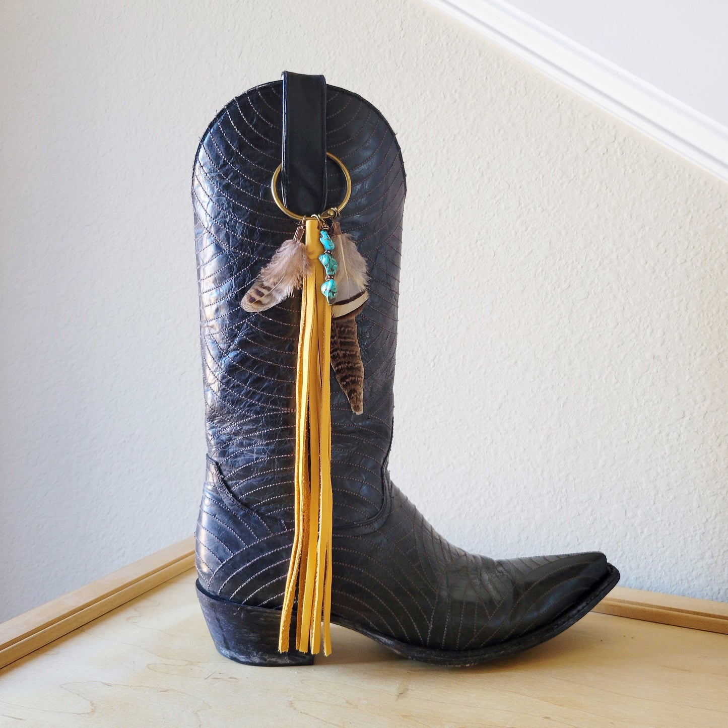 Boho Western Boot Bling Charm with Leather Fringe 500c