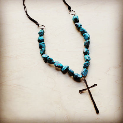 Natural Blue-Green Turquoise Necklace w/ Large Copper Cross 255x