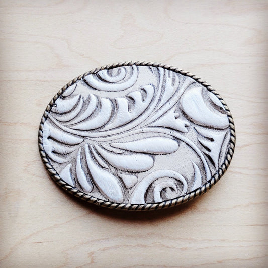 Rope Edge Sandy White Floral Leather Belt Buckle 907i