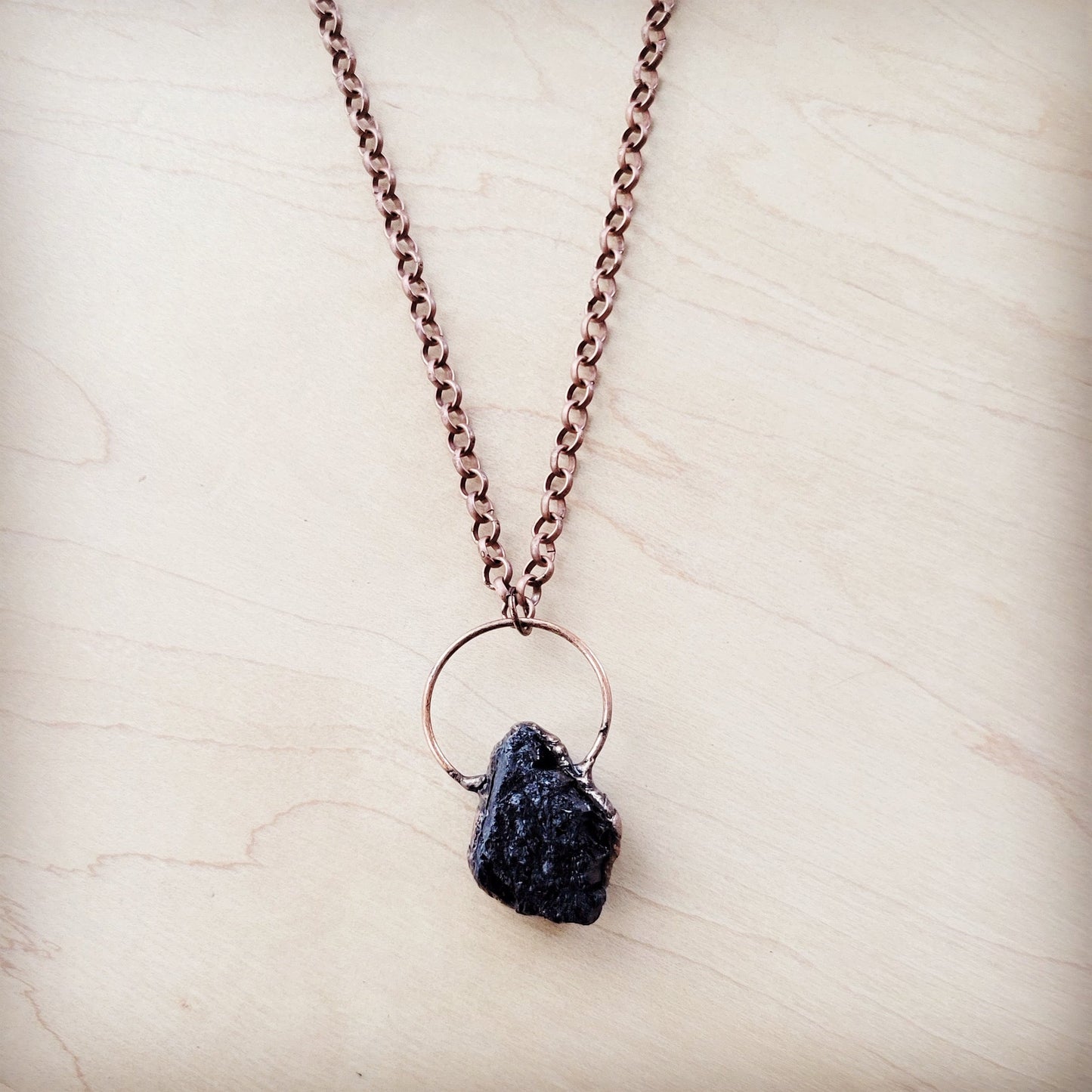 Long Copper Necklace with Black Agate Pendant 261r