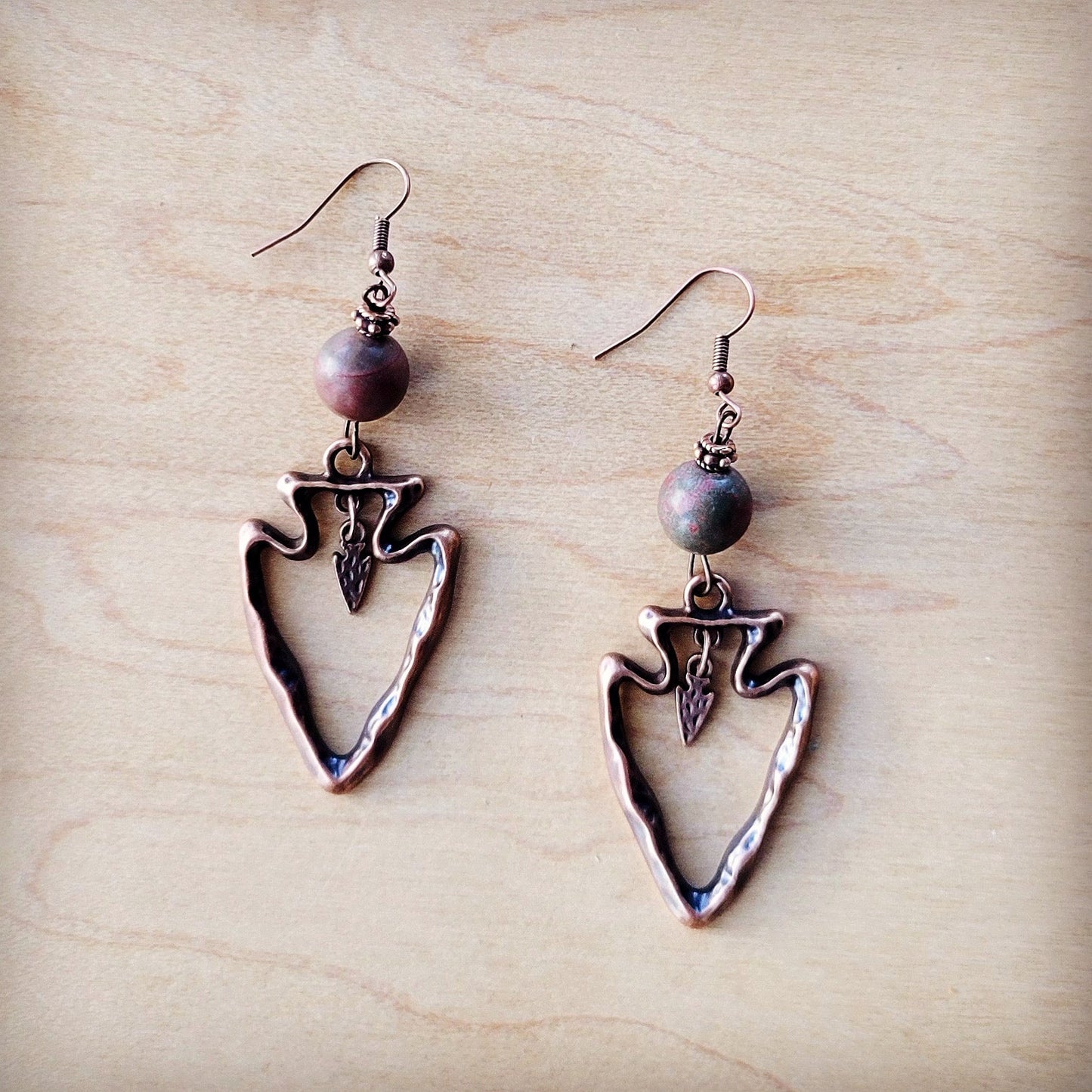 Copper Arrow Earrings w/ Genuine Picasso Jasper Beads 225q